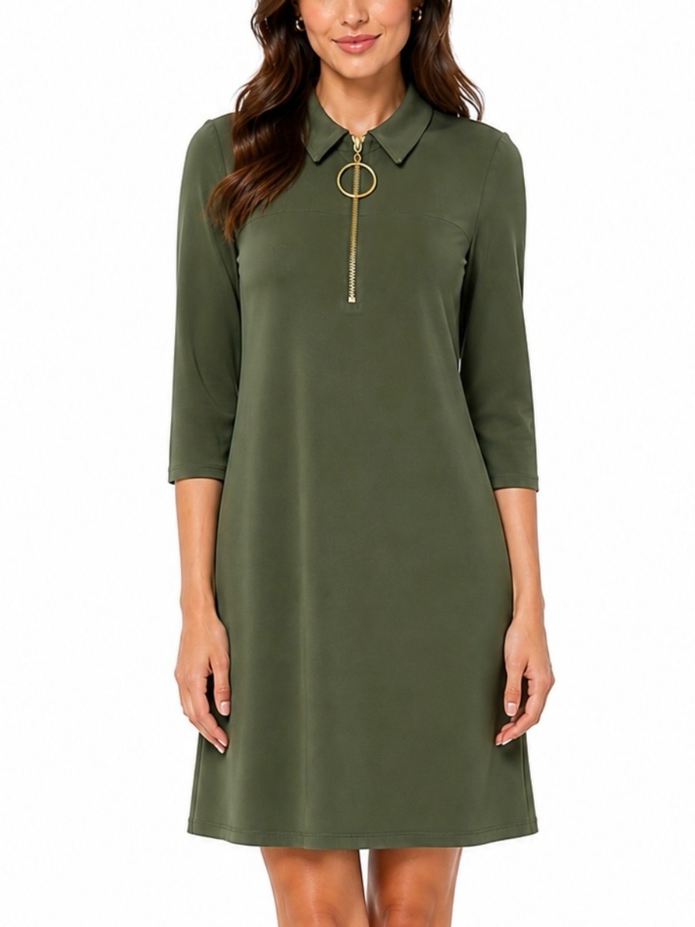MSK Olive Green Gold Zip Collar Swing Dress